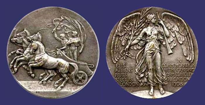 1908, Summer, London, by Bertram  Mackennal
51 mm

Obverse: A Greek four-horsed chariot. Two men side by side: the driver and the judge, who is ready to reward the winning athlete the victory palm.

Reverse: Winged figure of Fame standing on globe between legend. 

