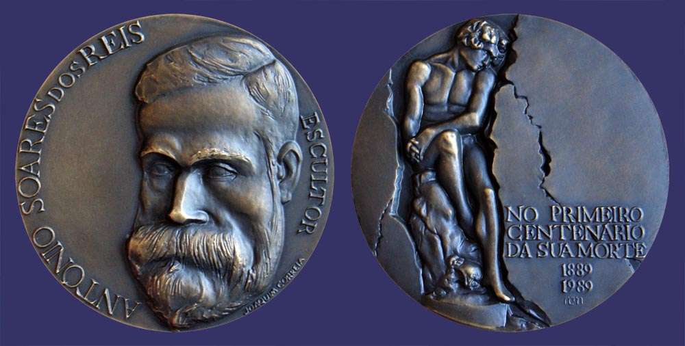 Correia, Joaquim, Centenary of the Death of Portuguese Sculptor Antnio Soares dos Reis, 1989
Bronze, 80 mm, 270 g

Obverse:  Antnio Soares dos Reis

Reverse:  Sculpture "Desterrado"
