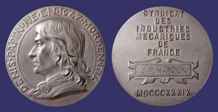 Denis Papin (1647-1714) - Syndicat des Industries Mecaniques de France, 1839
[b]Photo by John Birks[/b]

Silvered Bronze, 45 mm, 41 g

[b]Biography of Denis Papin[/b]

Denis Papin attended a Jesuit school in Blois then, in 1661, he began his studies at the University of Angers. He graduated with a medical degree in 1669. 

Papin assisted Huygens with air pump experiments from 1671 to 1674, during which time he lived in Huygens's apartments in the Royal Library in Paris. Papin went to London in 1675 to work with Boyle. He remained in this post until 1679 when he became Hooke's assistant at the Royal Society. Papin was elected a Fellow of the Royal Society in 1680. 

In 1681 Papin left for Italy where he was director of experiments at the Accademia publicca di scienze in Venice until 1684. There was an attempt to turn the Accademia in Venice into a Society modelled on the Royal Society in London and the Acadmie Royale in Paris but lack of financial support ended the attempt. 

There were religious reasons why Papin could not return to France. He was a Calvinist, born into a Huguenot family, and after the Edict of Nantes which had granted religious liberty to the Huguenots was revoked by Louis XIV in 1685, he became an exile. 

Papin returned to London in 1684 working again with the Royal Society until 1687. After this Papin left England and went to Hesse-Kassel where he was appointed professor of mathematics at the University of Marburg. He held this post until 1696 when he worked for the Landgrave of Hesse-Kassel until 1707. This time in Hesse-Kassel was not a successful one for Papin who found himself in disagreement with his colleagues. 

Papin is best known for his work as an inventor, particularly his work on the steam engine. In 1679 he invented the pressure cooker and, in 1690 he published his first work on the steam engine in [i]De novis quibusdam machinis[/i]. The purpose of the steam engine was to raise water to a canal between Kassel and Karlshaven. He also used a steam engine to pump water to a tank on the roof of the palace to supply water for the fountains in the grounds. In 1705, when Leibniz sent Papin a sketch of a steam engine, Papin began working on that topic again and wrote [i]The New Art of Pumping Water by using Steam[/i] (1707). He designed a safety valve to prevent the pressure of steam building up to dangerous levels. 

Other inventions which Papin worked on were the construction of a submarine, an air gun and a grenade launcher. He tried to build up a glass industry in Hesse-Kassel and also experimented with preserving food both with chemicals and using a vacuum. 

In 1707 Papin built the first paddle boat and that same year he returned to London where he lived in obscurity and poverty until his death. The date given for his death is only a guess since no records seem to exist of his last years in London. His last known letter is dated 23 January 1712. 

Source:  http://www-groups.dcs.st-and.ac.uk/~history/Mathematicians/Papin.html 
Keywords: sold