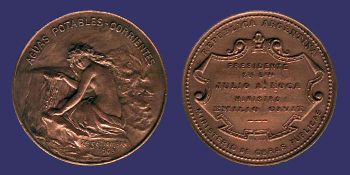 Aguas Potables - Corrientes, Copper, 1903, Obverse
From the collection of Mark Kaiser
Keywords: south america art nouveau