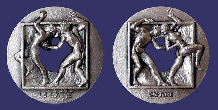 SOM#112, Richard McDermott Miller, Escape and Capture, 1985
[b]From the collection of John Birks[/b]

[i]Numbers Issued:  750 Bronze[/i]

[b]FROM THE ARTIST[/b]

For several years I have been creating sculptural groups in bronze inspired by ancient metopes.  They are the carved square relief panels used in Greek architecture of the Doric order.  Usually, each ancient metope contained two figures as on the Parthenon in Athens.

I felt that I could create a medal using this metope idea, but I wanted the figures to be in the full round.  Also I wanted to create a feeling of openness because metope literally translates as 'space between'.  That is why I have cut actual openings through the medal.  They let each side flow into the other.  Obverse and reverse connect in the center.

My subject, "Escape and Capture", is the lively interaction between men and women, a theme both ancient and modern.  Deliberately ambiguous about relationships as old as the human race, the medal poses the two-sided question:  Who escapes from whom?  Who captures whom?"  - Richard Dermott Miller, 1985

[b]The Sculpture of Richard McDermott Miller, by Joseph Veach Noble, Executive Director of The Society of Medalists[/b]

Here is sculpture that is bold and unabashedly highly sensual.  For over twenty years Richard McDermott Miller has created striking and provocative nudes in his studio in the artists colony of SoHo in New York City.

The art critic, John Gruen, has written, "The ease with which Miller gives ... these fluid, beautifully executed bronzes ... their sense of life borders on the remarkable.  It is of course a question of technical prowess, but more than that, the work attets to an observant and keenly perceptive eye -- one that searches out and tellingly communicates the natural grace of the body."

Richard Miller's sculpture is in the permanent collections of the Whitney Museum of American Art in New York and the Hirshhorn Museum in Washington as well as many distinguished collections.  He has exhibited in one-man shows in New York, Chicago, Los Angeles and London.  The Illustrated London News reported, "These sculptures are traditional but non-academic  personal works with the artist's own unmistakable style.  Some have repose and serenity ... others the sense of arrested motion ... of poise barely but exquisitely maintained.  Their appeal is immediate and tactile as well as visual."

That comment about Richard Miller's work being tactile is well chosen, and it certainly applies to his new medal "Escape and Capture".  After all, medals are held in the hand, and the innovative use of space -- the actual piercing of the medal -- heightens the third-dimensional quality.  This medal is a technical [i]tour de force[/i] as well as an outstanding work of sculpture.

Richard McDermott Miller has been honored with two gold medals by the National Academy of Design and a distinguished award by the American Academy and Institute of Arts and Letters.  He is a member of the Sculptor's Guild, the National Academy of Design and a Fellow of the National Sculpture Society.

Keywords: sold
