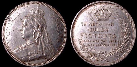 1901 In Memoriam by H. Grueber
Aluminum 4.2gms  38.3mm Reeded Edge BHM 3691 Rare "R"
 
6 NOV 96 on
underside of shoulder.
 
H. Grueber 
2 Ridgemont St
London WC. 
        On the Obverse, under the bust
