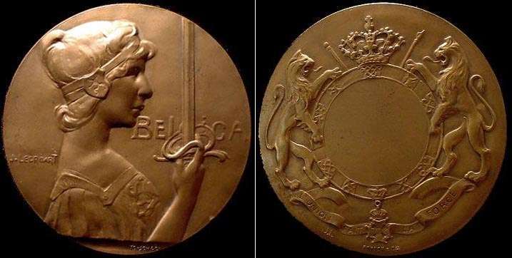 Belgica by J. Lecroart
Bronze 86 grms 60 mm

Obverse Tonson & co. cica 1904

reverse, L'UNION FIAT LA FORCE written on banner 
