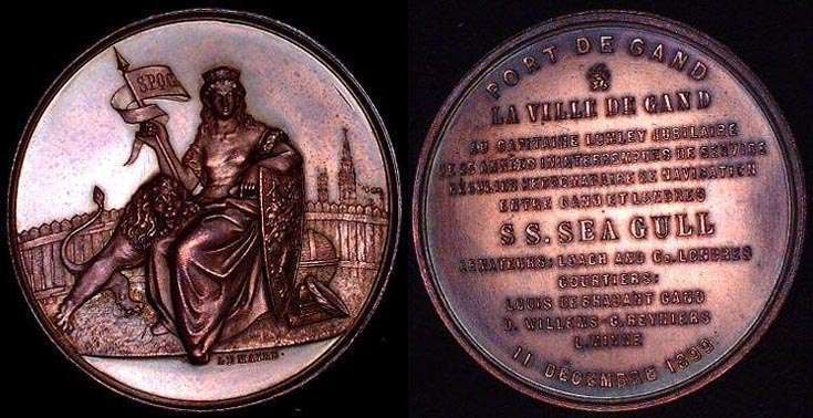 1899 25 yr Award to Captain Lumley by Lemaire
 Captain of the S.S. Sea Gull

Unique Bronze,  50mm 51gms
Sailed from London to Gent Belgium
