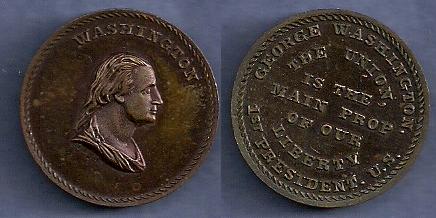 JAB-25 WASHINGTON / UNION LIBERTY  Copper
25mm  -  16 struck

Both dies were cut in 1867 and traded to J.W. Kline in 1872.  It is not known whether the dies still exist.

The reverse legend is from Washington's Farewell Address issued on September 17, 1796.  He did not deliver the address in public.

Bolen struck 16 examples in Copper.  Kline struck an unknown number in this metal.  It is easy to tell the Kline restrikes from the Bolen originals.  The Kline strikes are only 1.5 to 2.0 mm thick.  The Bolen pieces range from 2.25 to 3.0mm in thickness.

A Choice Uncirculated example sold for $489 in the January 2011 Stacks sale, lot 6615.
Keywords: bolen washington union liberty