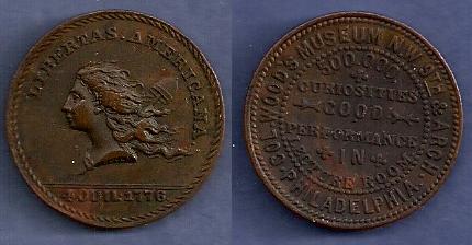 Mule JAB K-06 LIBERTAS AMERICA / COL. WOOD'S MUSEUM  Copper
25mm    Unknown number struck
Obverse die struck in 1867 and sold to Kline in 1872
Keywords: Bolen Libertas Americana kline wood&#039;s museum