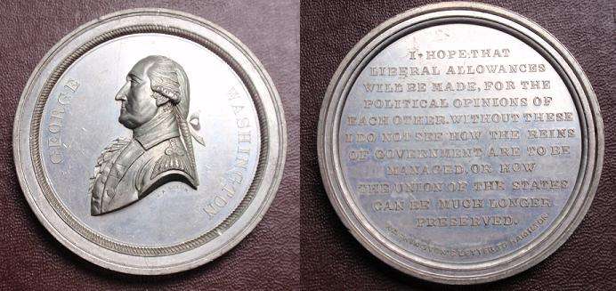 JAB-11 Washington's Letter to Hamilton Medal   Tin #2
59mm   -  14 Struck in Tin

This is Bolen's largest Medal. The dies were cut in 1864. They were sold to Frank S. Edwards in 1865, but are believed to have been ruined by rust before any restrikes were made. The auction record would back up the fact that there are probably 14 or fewer Tin examples in existence.

In a June 2011 auction, Stacks sold a XF example for $1438, lot 29.  
