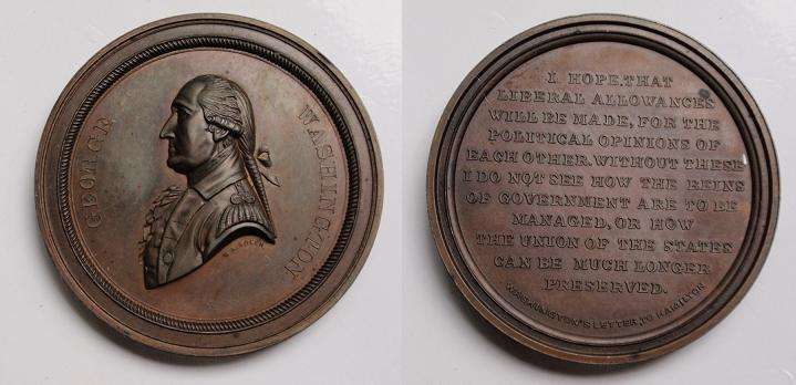 JAB-11 Washington's Letter to Hamilton Medal   Copper
59mm  -   10 to 14 Struck in Copper 

This is Bolen's largest Medal.  The dies were cut in 1864.  They were sold to Frank S. Edwards in 1865, but are believed to have been ruined by rust before any restrikes were made.  The auction record would back up the fact that there are probably 14 or fewer Copper pieces in existence.

An NGC-64 example sold in an April 2021 Heritage sale for $4800.
