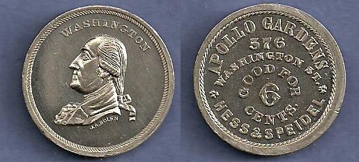 Mule JAB W-06  WASHINGTON / HESS & SPEIDEL    Tin
28mm     Estimated 5 struck in Tin

The obverse die was cut by Bolen in 1864.  The reverse die was cut by Merriam around 1863.  Both are unaccounted for.

A MS-65 piece sold in the August 2015 Hayden auction for $750, lot 625.
Keywords: bolen washington