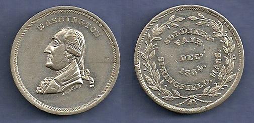 JAB-16 WASHINGTON / SOLDIER'S FAIR Tin
28mm -  350 struck
Dies cut in 1864

Over 17,000 soldiers from New England and Western New York were treated for their injuries in Springfield, having returned from the battlefield on trains that passed through the city.  The tin JAB-16 medals were struck by Bolen at the December 1864 Soldier's Fair, held to raise money for the Ladies Soldier's Aid Association and the Springfield Soldier's Rest.  Medals were sold for $1.00 each and Bolen claims to have struck 350 of them.  Most, but not all, were holed for suspension on a narrow red, white, and blue ribbon.   

The large number struck make this the easiest to acquire of Bolen's medals.  In March 2016, a NGC-62 piece sold on EBAY for $261.  In June, an XF example was sold on EBAY for $255.  A holed NGC AU-58 example was sold on EBAY for $185.  The pieces are common enough that one should set their sights on an attractive specimen in a higher grade.  
Keywords: bolen washington soldier&#039;s fair