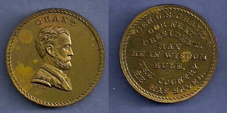 JAB-32  General U.S. Grant   Brass
25mm       
14 struck by Bolen
The dies were cut in 1868 and sold to Kline in 1872.   As of 2002, they were owned by Stacks.

Bolen struck 14 examples in Brass. Kline also struck a few examples in this metal. It is fairly easy to tell the restrikes from the originals. The originals are 2.2 to 3.0 mm thick. The restrikes are only 1.5 to 2.0 mm in thickness.

A thick Bolen original in Uncirculated condition sold for $460 in the January 2011 Stacks auction, lot 6637.
