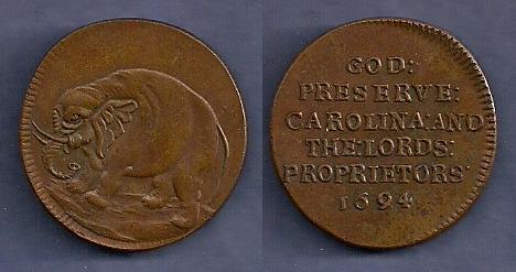 JAB-33  CAROLINA ELEPHANT Copper #1
28mm - 40 struck

The dies were cut in 1869 and are currently unaccounted for. Bolen claims to have defaced them, to prevent their further use, and presented them to the Boston Numismatic Society.

An edge letter uncirculated example from Bolen's personal collection sold for $1410 in the Feb. 2014 Stacks sale, lot 140.  A MS64RB piece sold for $2640 in the November 2017 Stacks sale, lot 245.  A NGC-50 example was sold by Heritage in July 2018 for $613, lot 27001, while an MS-60 piece sold in the August 2018 Stacks sale for $900, lot 232

Keywords: Bolen, Elephant