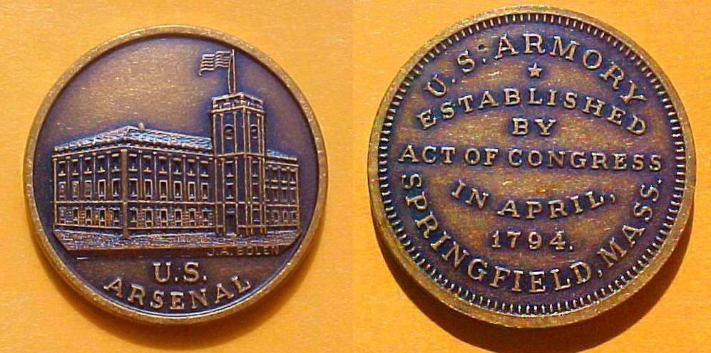 JAB-04 ARSENAL MEDAL WITHOUT SUN RESTRIKE Brass
27mm - Unknown number struck

In 1994, the United States Park Service issued restrikes of JAB-4 in Antique Brass to commemorate the 200th Anniversary of the Arsenal. They were sold for $4.50 each. Although they intended to add the date 1994 to the Medal, it was never done. The medal was copied exactly as the original.  The easiest way that I can see to tell the difference is the wide spacing between the rope and the flag pole on the restrikes, compared to the originals.

The piece pictured is the Musante reference plate specimen.
Keywords: bolen, arsenal, armory, springfield