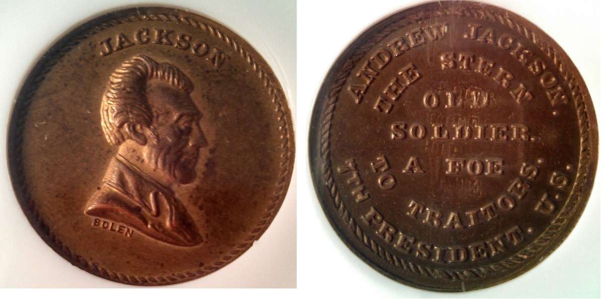 JAB-27  JACKSON OVERSTUCK ON LINCOLN MEDAL   Brass
25mm - 14 struck

Both dies were cut in 1867 and sold to J.W. Kline in 1872.  They are currently in the ANS collection.

Bolen struck 14 examples in Brass.  Kline also struck a few examples in this metal. It is fairly easy to tell the restrikes from the originals. The originals are 2.2 to 3.0 mm thick. The restrikes are only 1.5 to 2.0 mm in thickness.

The piece is fairly rare.  I have only seen six Brass examples appear at auction in the past 30 years.  The Q.D. Bowers collection lacked an example in this metal.

The piece pictured is a thin, Kline restrike that is struck over a Lincoln Political Medal, King 30.  On the reverse one can clearly make out portions of the underlying legend which reads:  "THE MAN THAT CAN SPLIT RAILS OR GUIDE THE SHIP OF STATE".
