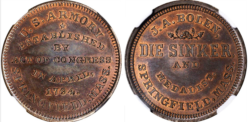 MULE JAB M/E-07 U.S. ARMORY / J.A. BOLEN DIESINKER - COPPER
28mm - An unknown number were struck

This piece consists of the reverse of JAB-3 muled with the reverse of JAB-5. Both dies were cut by Bolen in 1862. The dies were sold to Mason, then to Edwards, to Cogan, to the Chapmans, and are currently in the ANS collection.

The piece is extremely rare. I suspect there were only five pieces struck. The piece pictured sold for $660 in a February 2019 Stacks-Bowers auction, lot 50

