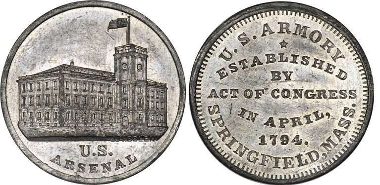 JAB-04 ARSENAL MEDAL WITHOUT SUN  Tin
28mm - An unknown number struck in Tin

The dies for this medal were stuck in 1862, several months before Bolen served his mandatory three year enlistment at the U.S. Armory in Springfield, Massachusetts. The dies were sold to George B. Mason and later to Dr. Frank Smith Edwards. Upon Edward's death, the dies were acquired by Edward Cogan. Cogan's widow donated them to the ANS, where they currently reside. 

The U.S. Armory at Springfield played an important role in the Union Civil War victory. Prior to the war, the Arsenal turned out 800 muskets a month. By the end of the war, in large part due to innovations in mass production, the Arsenal was turning out 1000 rifles a day. The Armory is currently a museum run by the National Park Service and is well worth a visit.

The example pictured was sold in the January 2011 Stacks sale of the Q. David Bowers collection, where it realized $253.  I purchased it in a 2015 EBAY auction for $300.  A rim-nicked Unc-details example sold for $100 in the January 2016 Hayden auction.  It was a wise acquisition by the winning bidder.  It was only the second example offered at auction in the past 20 years and was acquired at a very reasonable price.
