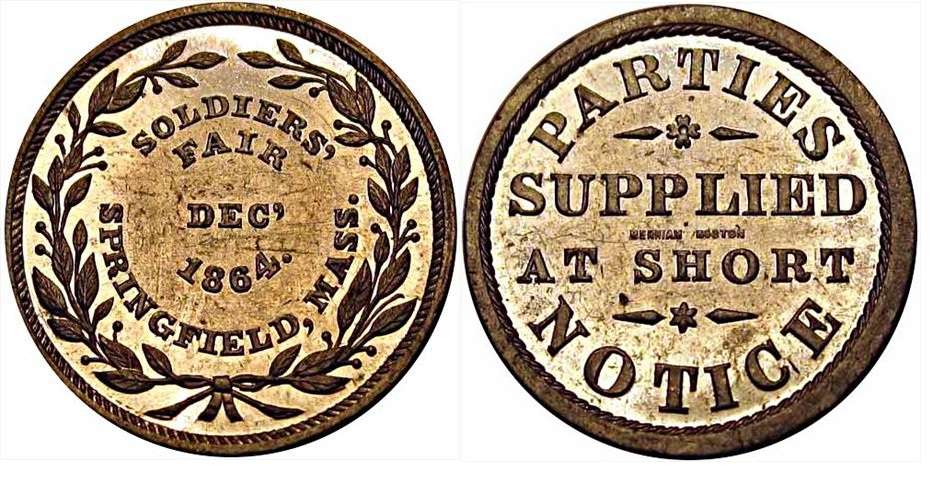 Mule. JAB W-16 SOLDIER'S FAIR / PARTIES SUPPLIED  Tin
28mm  -  Unknown struck

The obverse die was cut by Bolen in 1874 and sold to A.R. McCoy.   The reverse die was cut by Merriam.  McCoy struck these for sale in Woodward's auctions.  It is estimated that 5-10 were issued in Tin.
Keywords: soldiers fair, merrian, bolen, parties supplied