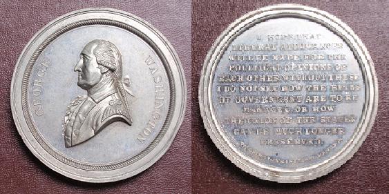 JAB-11 Washington's Letter to Hamilton Medal   Tin #1
59mm   -  14 Struck in Tin

This is Bolen's largest Medal. The dies were cut in 1864. They were sold to Frank S. Edwards in 1865, but are believed to have been ruined by rust before any restrikes were made. The auction record would back up the fact that there are probably 14 or fewer Tin examples in existence.

In a June 2011 auction, Stacks sold a XF example for $1438, lot 29.  
Keywords: Bolen, Washington, Hamilton