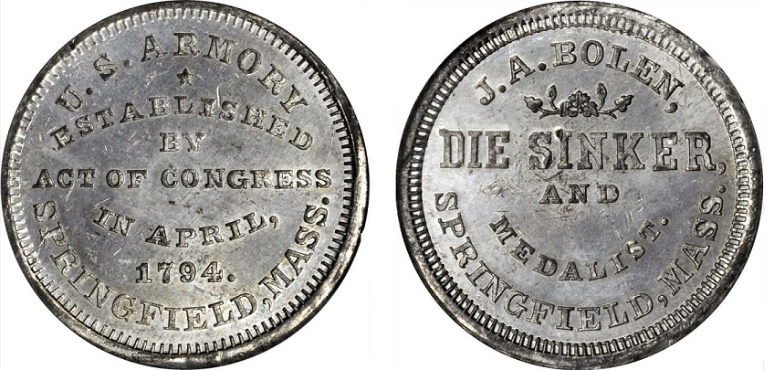 MULE JAB M/E-07 U.S. ARMORY / J.A. BOLEN DIESINKER - TIN
28mm - An unknown number were struck

This piece consists of the reverse of JAB-3 muled with the reverse of JAB-5. Both dies were cut by Bolen in 1862. The dies were sold to Mason, then to Edwards, to Cogan, to the Chapmans, and are currently in the ANS collection.

The piece is extremely rare. I suspect there were only five pieces struck. The piece pictured sold for $660 in a Feb. 2019 Stacks-Bowers auction, lot 51.

