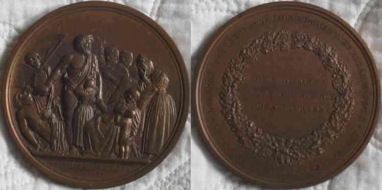 Rogat cholera
Bronze medal 8.5cm inscribed "Invasion du cholra en 1832" on obverse, signed E(mile) Rogat and dated 1832 to right just above woman's figure, inscribed "Pour honorer le zle charitable et dsintress" within wreath and "Dcern par l'Adm[inistra]tion de Loir-et-Cher  M. Bleau, Mdecin * Le C[om]te de Lezay-Marnsia Prfet *" along edge on reverse.
Keywords:  medicine